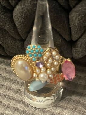Gold Multi-Stone Cluster Cocktail Stretchy Ring - Pink, Turquoise & Pearl